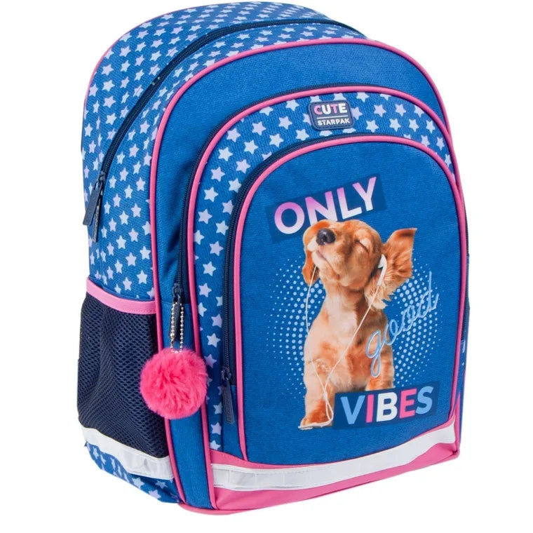 Schulrucksack „Good Vibes“ Blau/Rosa mit Hundemotiv