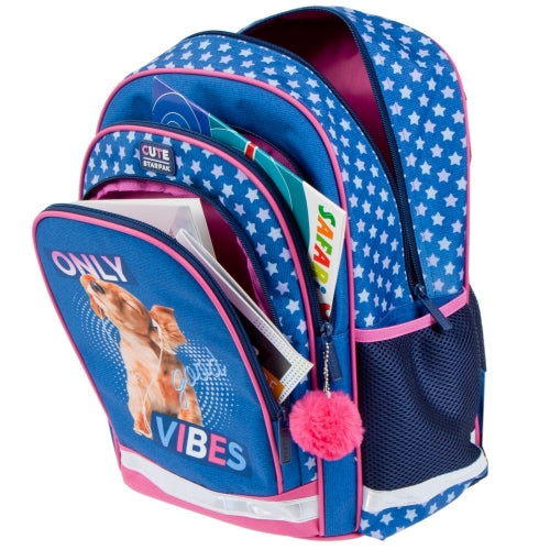 Schulrucksack „Good Vibes“ Blau/Rosa mit Hundemotiv